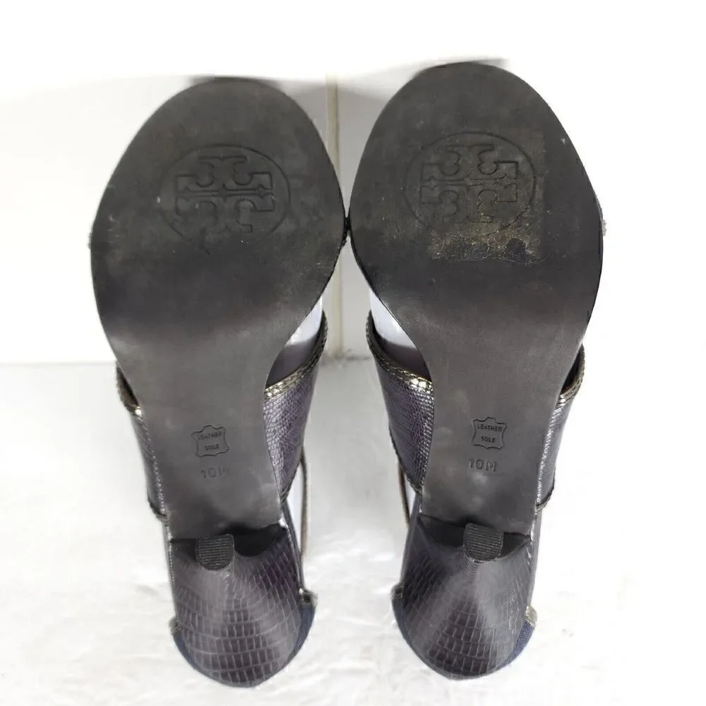 Tory Burch Women's US 10M Blue Canvas Leather Animal Print Cut-Out Heeled Sandal